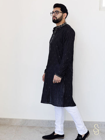 Solid Black Kurta and White Pajama Set