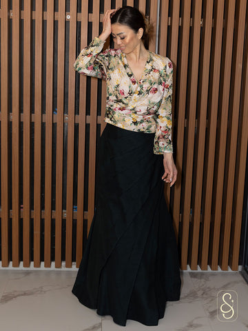 Fish Cut Skirt Printed Top in Raw Silk