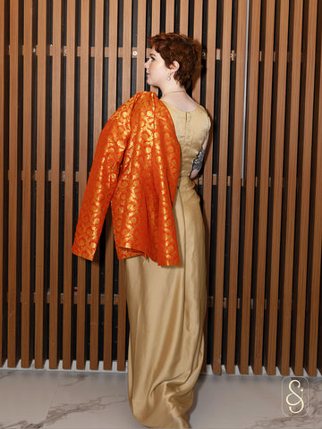 Golden Drape Skirt and Top with Orange Banarasi Coat