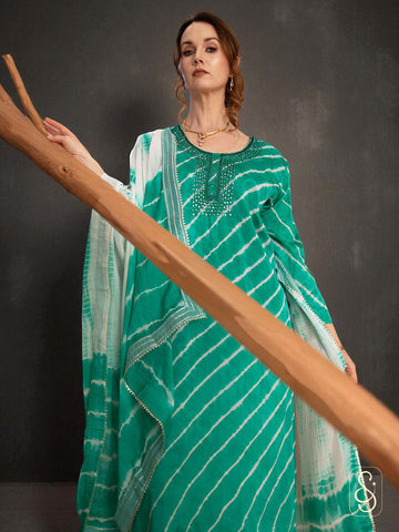 Green Chinon Jaipuri Suit