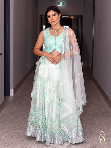 Embroidered Green Net Lehenga