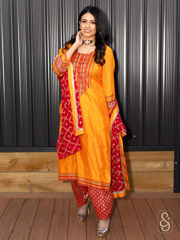 Yellow Silk Banarasi Suit with Red Salwar
