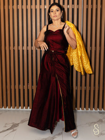 Maroon Velvet Skirt and Brocade Jacket Set