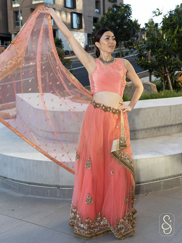 Peach Net Lehenga