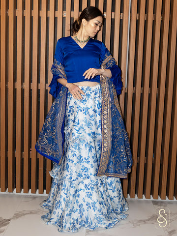 Light Blue Printed Frilled Satin Silk Lehenga