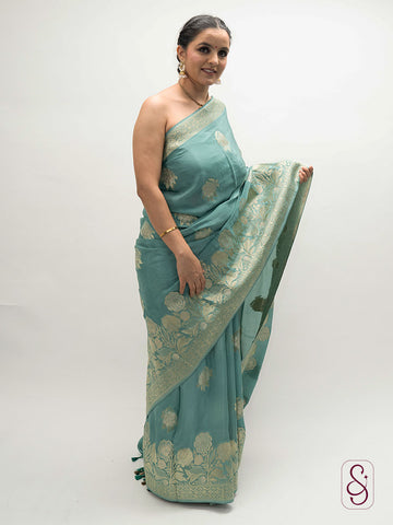 Green Banarasi Chinon saree