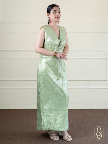 Green Straight Brocade Skirt and Top