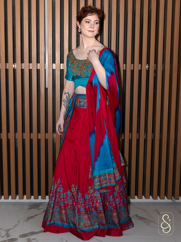 Embroidered Block Print Silk Lehenga Set