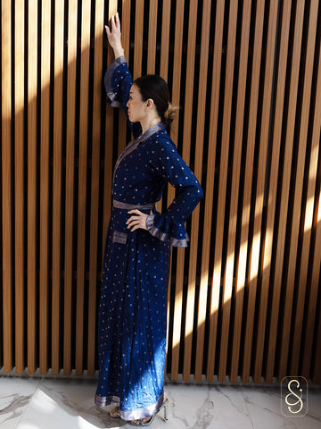 Blue Cotton Banarasi Silk Dress