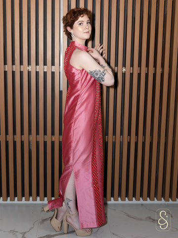 Straight Tomato Pink Dress with Brocade Lines