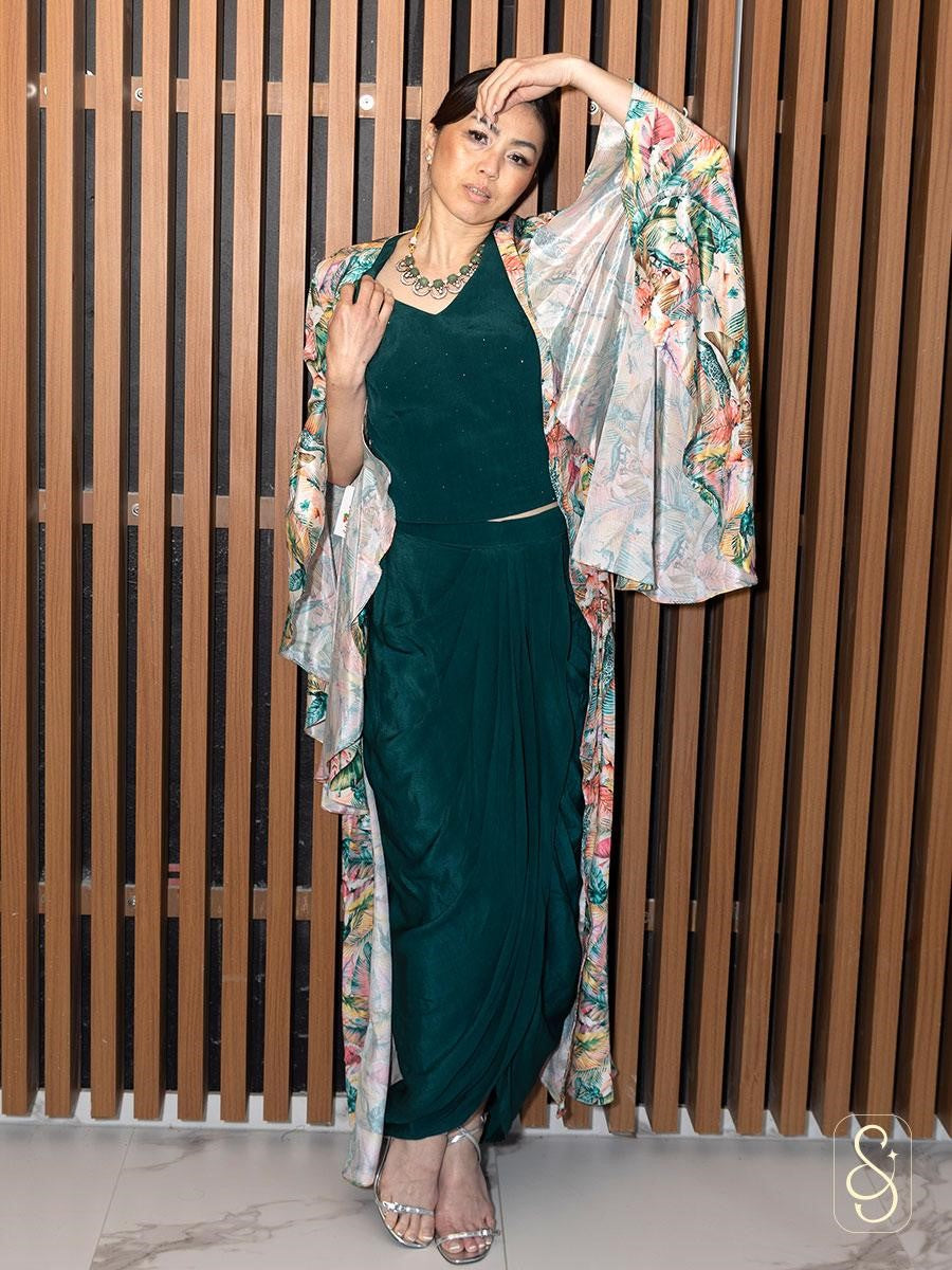 A designer teal colour indo-western dress