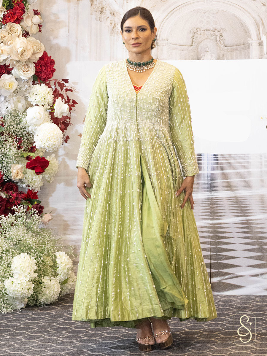 Raw Silk Pearl Work Jacket Set