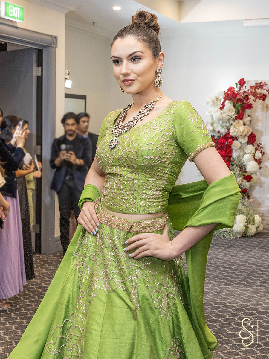A close view of bead embroidery lehenga set