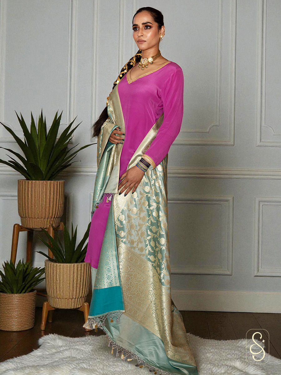 Crepe Shirt with Green Silk Pants and Banarasi Dupatta