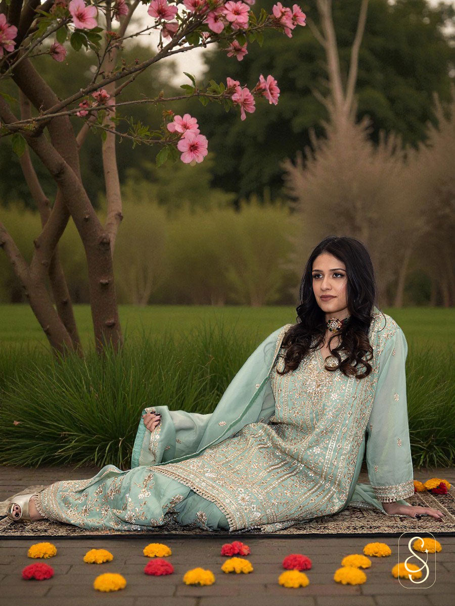 Fully Embroidered Viscose Tissue Sharara Suit