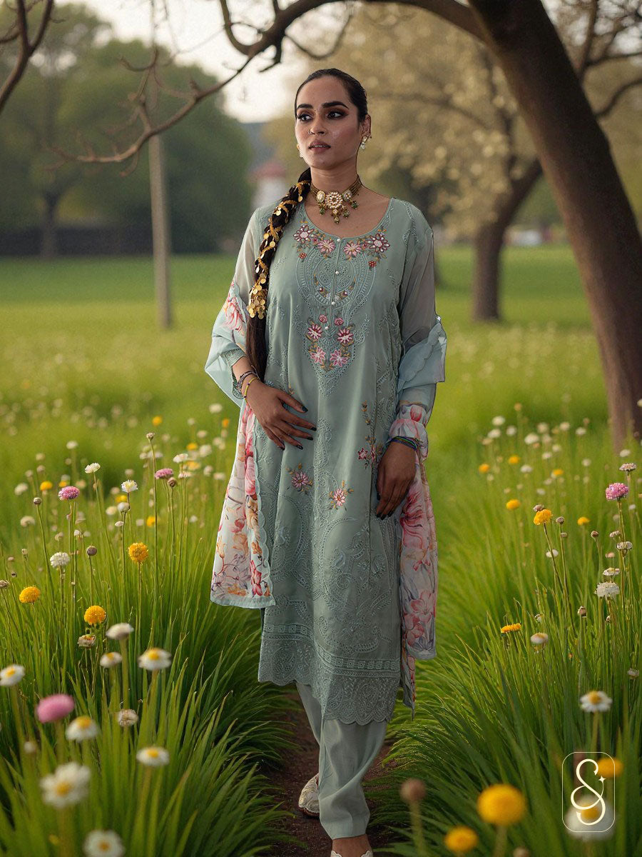 Woman in a light blue embroidered outfit standing in a field with flowers and trees.