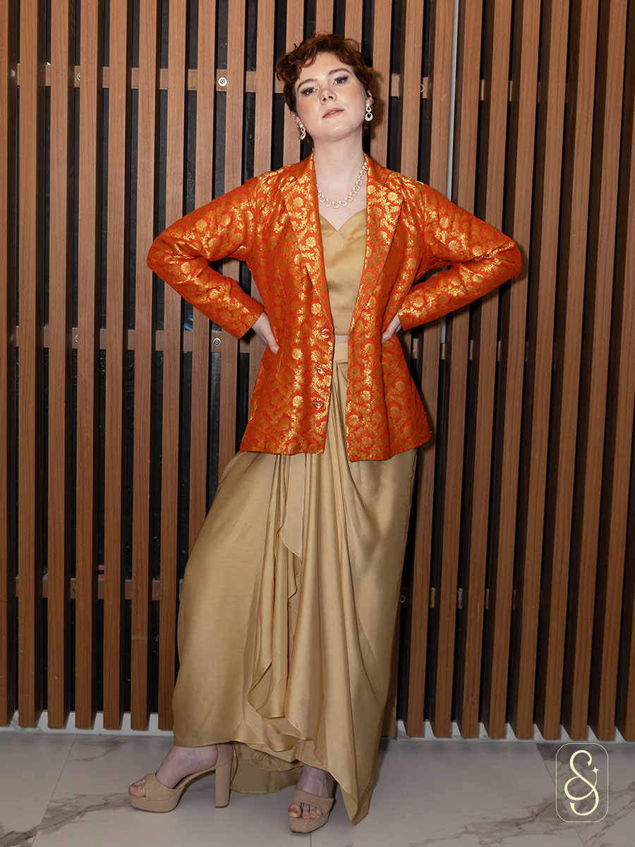 Golden Drape Skirt and Top with Orange Banarasi Coat