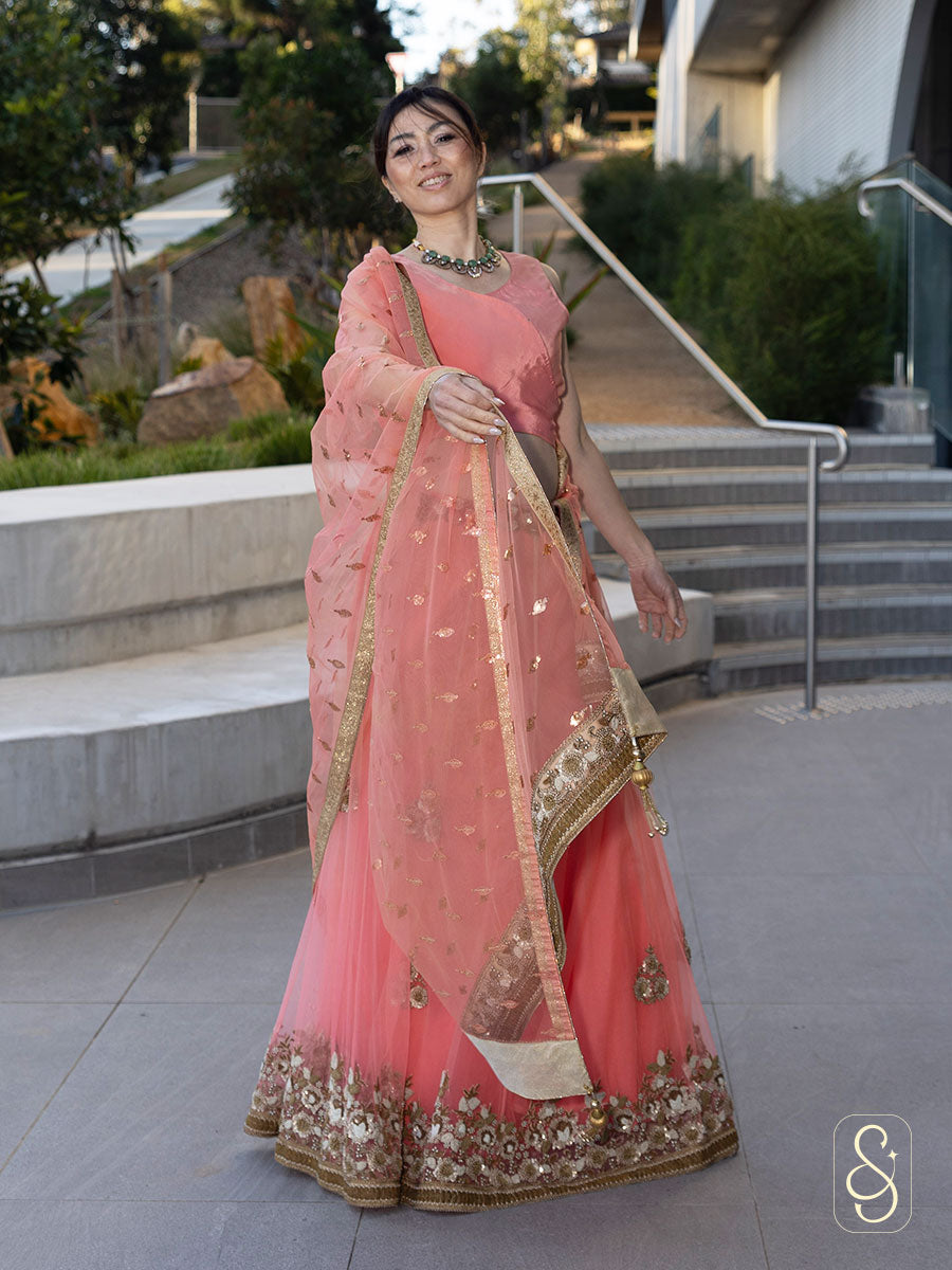 Peach Net Lehenga