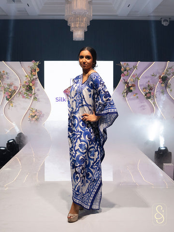 Blue & White Print Cold Shoulder Kaftan