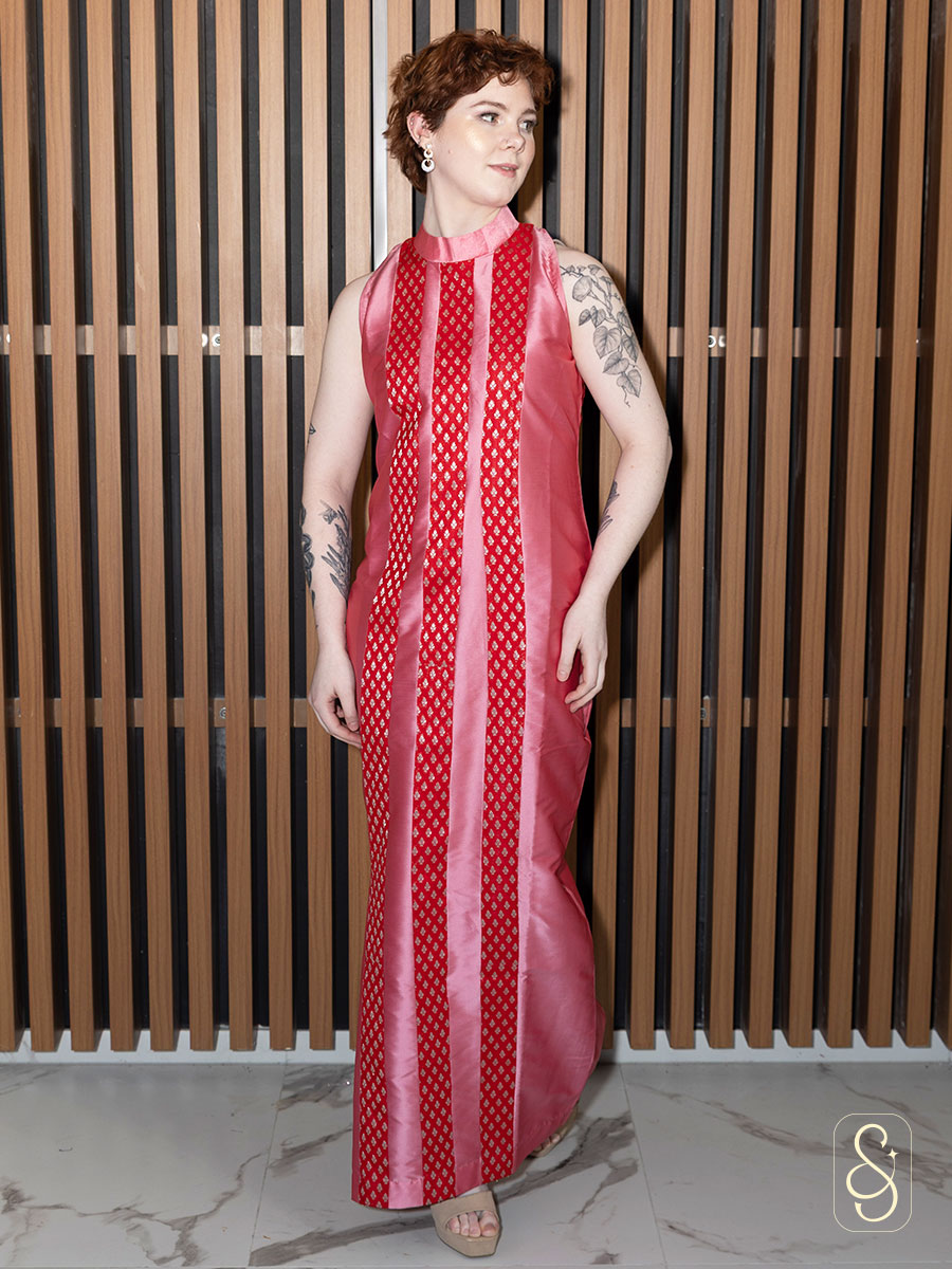 Straight Tomato Pink Dress with Brocade Lines