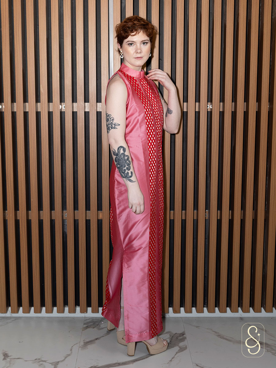 Straight Tomato Pink Dress with Brocade Lines