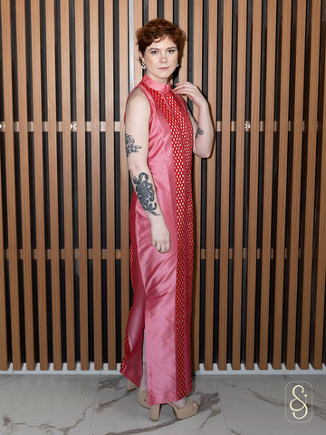 Straight Tomato Pink Dress with Brocade Lines