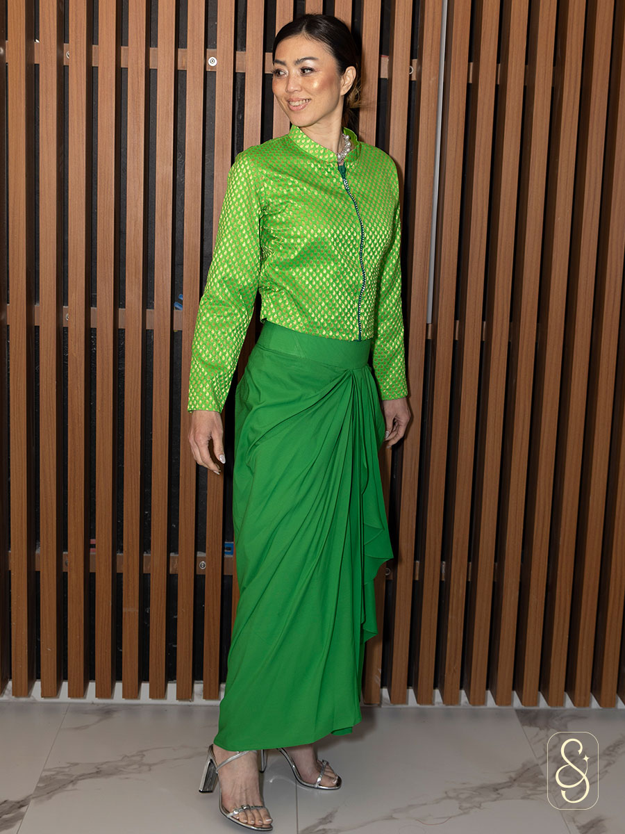Parrot Green Skirt Brocade Top