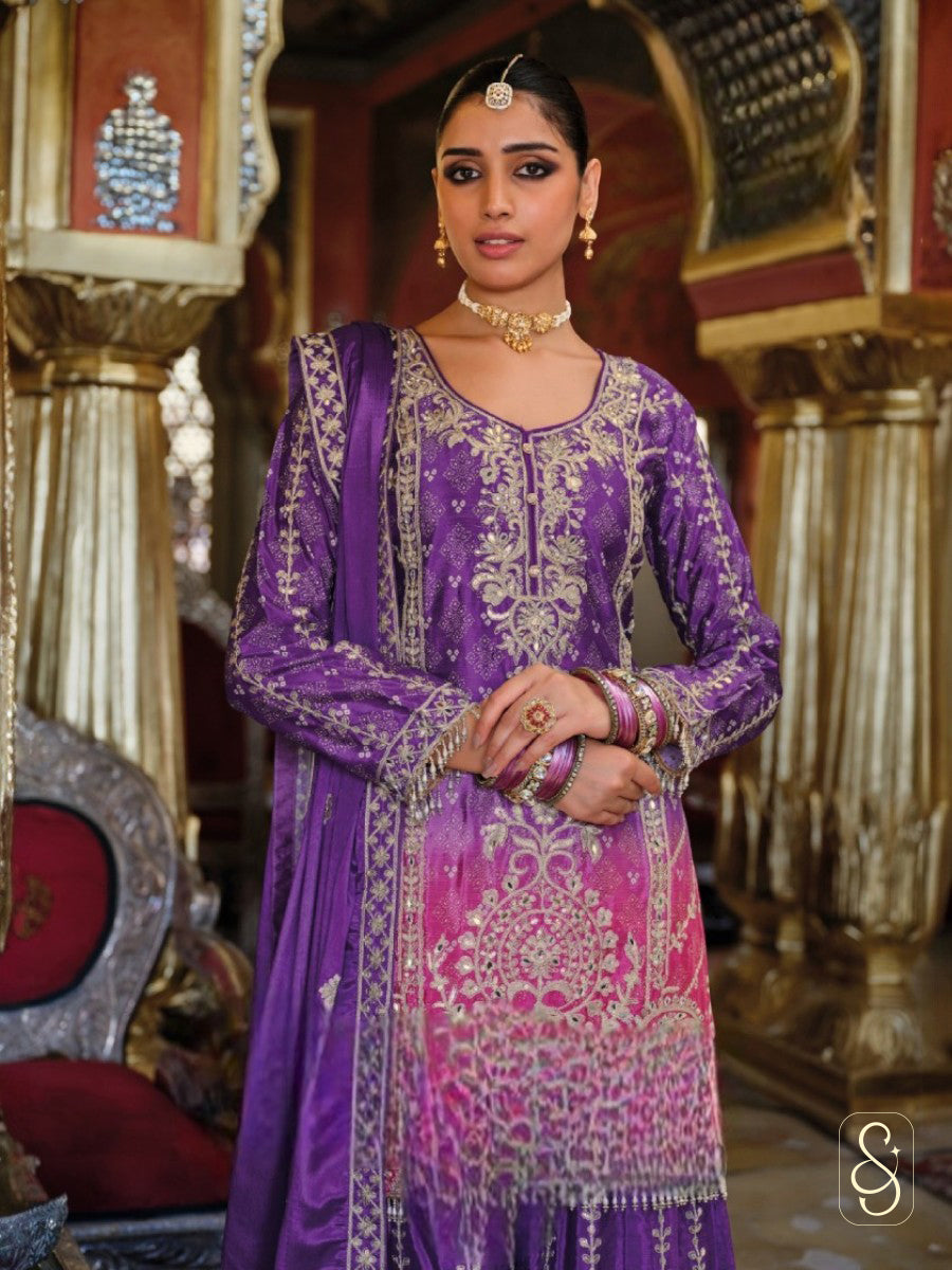 Elegant Purple Chinon Festive Suit