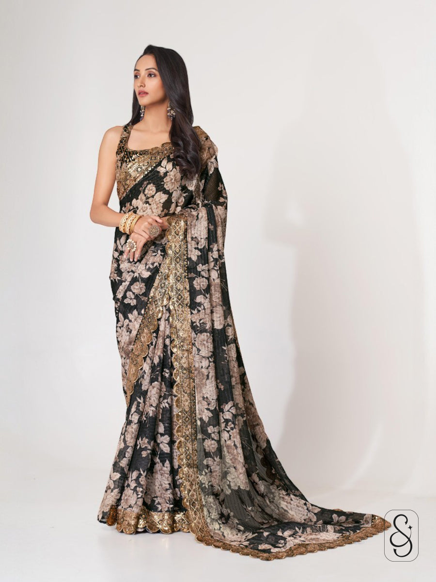 Artful Printed Embroidered Drape Saree