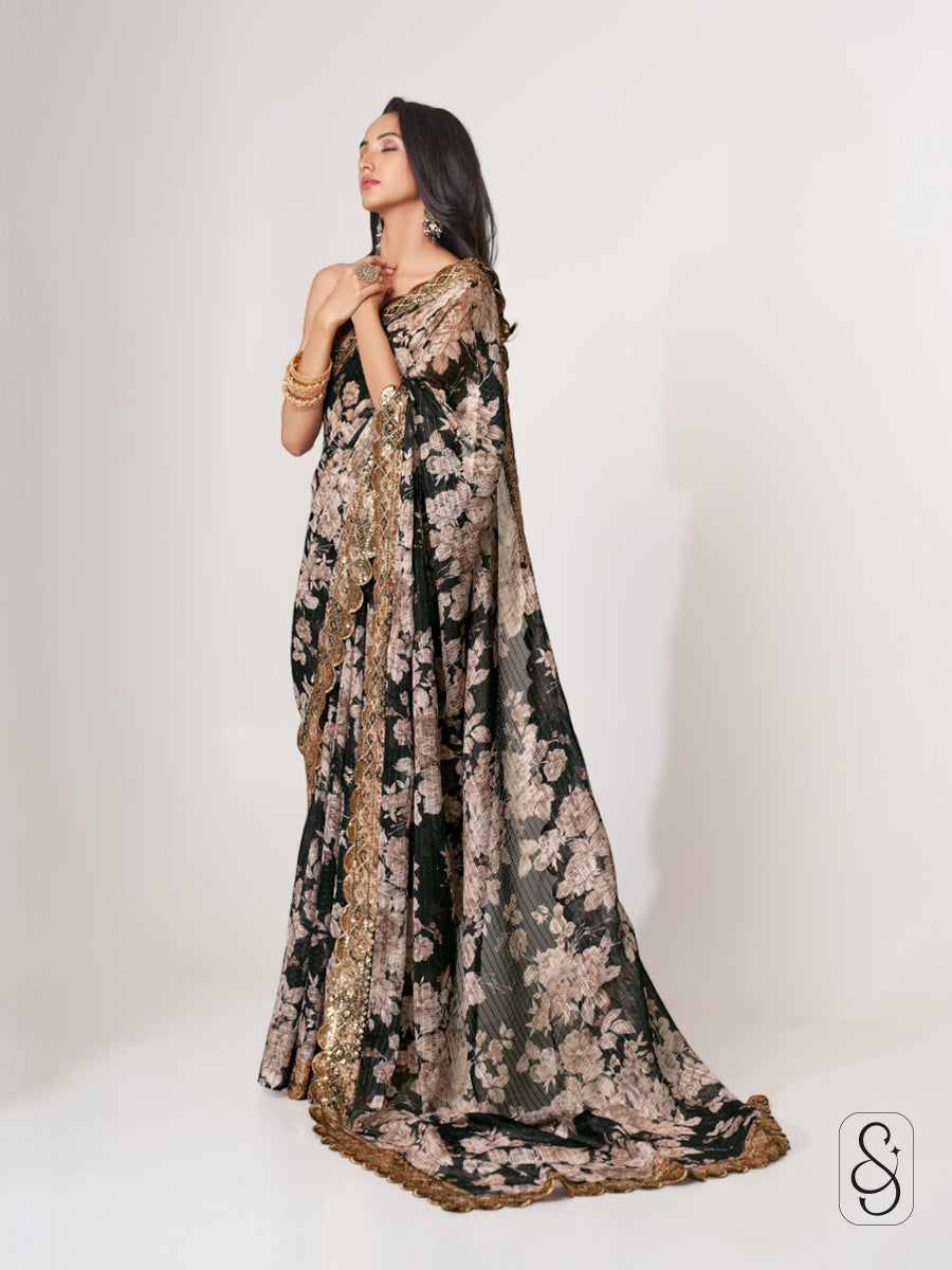 Artful Printed Embroidered Drape Saree