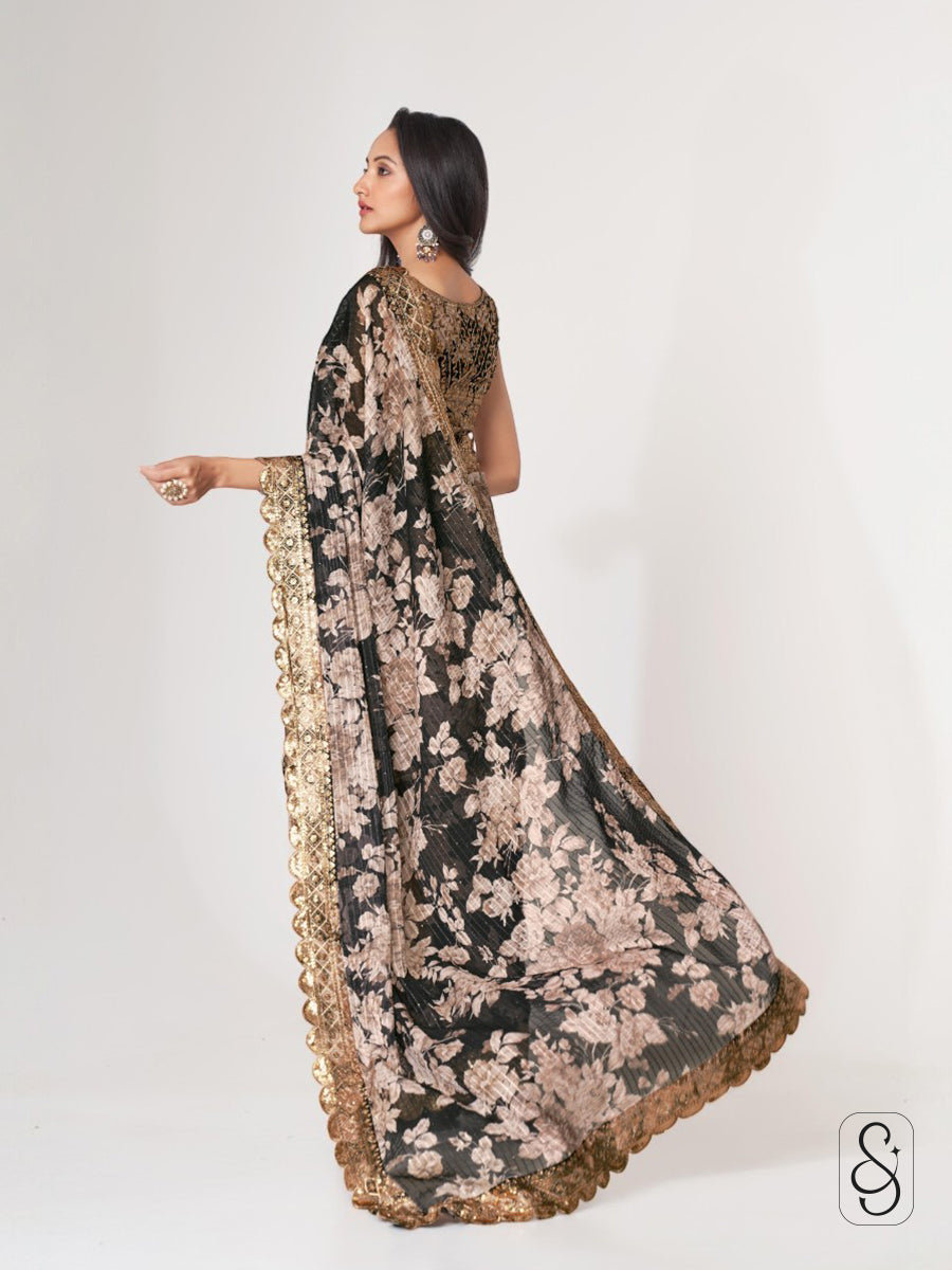 Artful Printed Embroidered Drape Saree