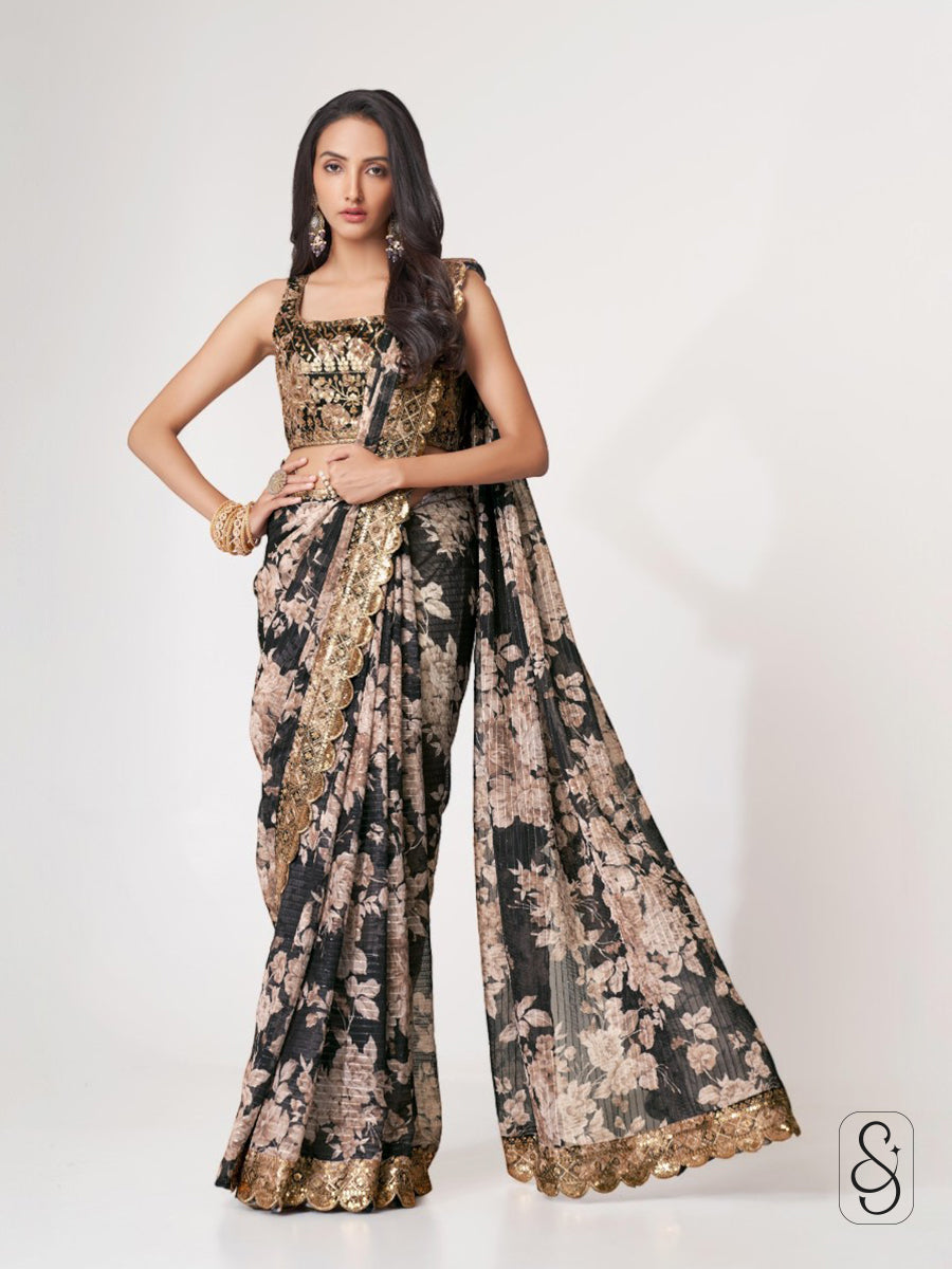 Artful Printed Embroidered Drape Saree