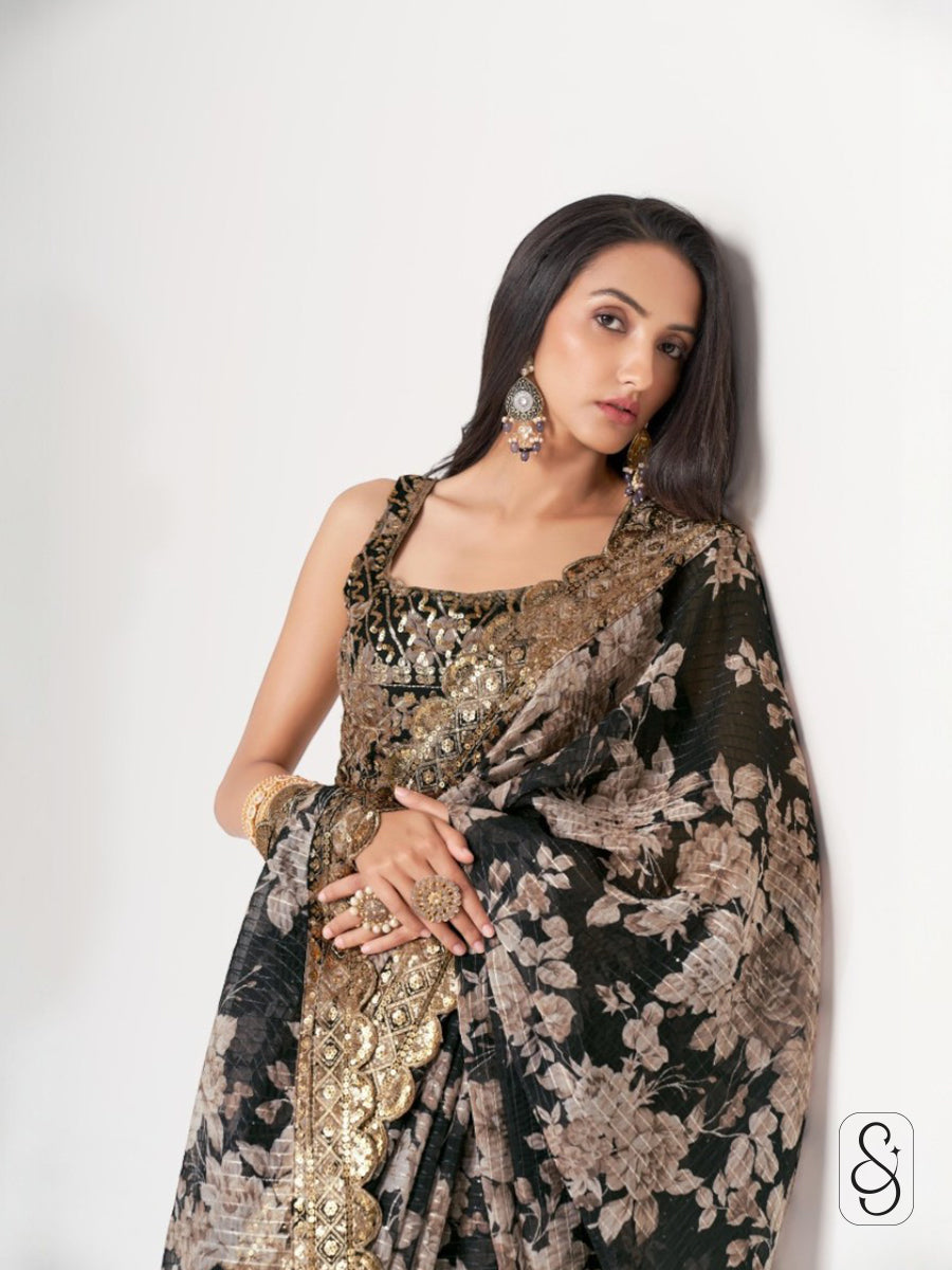 Artful Printed Embroidered Drape Saree
