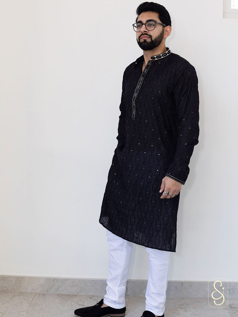 Solid Black Kurta and White Pajama Set
