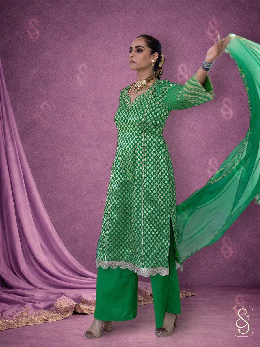 Brocade Shirt with Plain Pants and Organza Dupatta