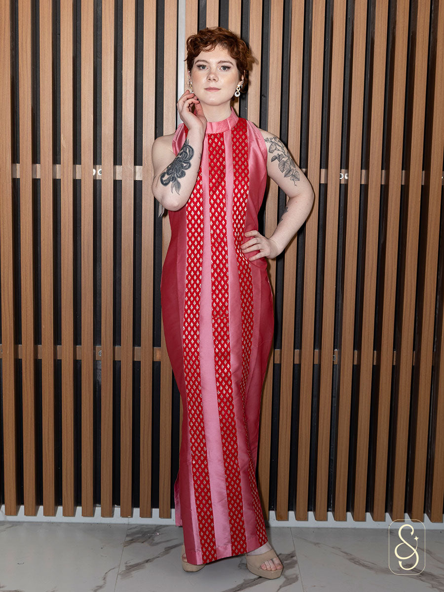 Straight Tomato Pink Dress with Brocade Lines