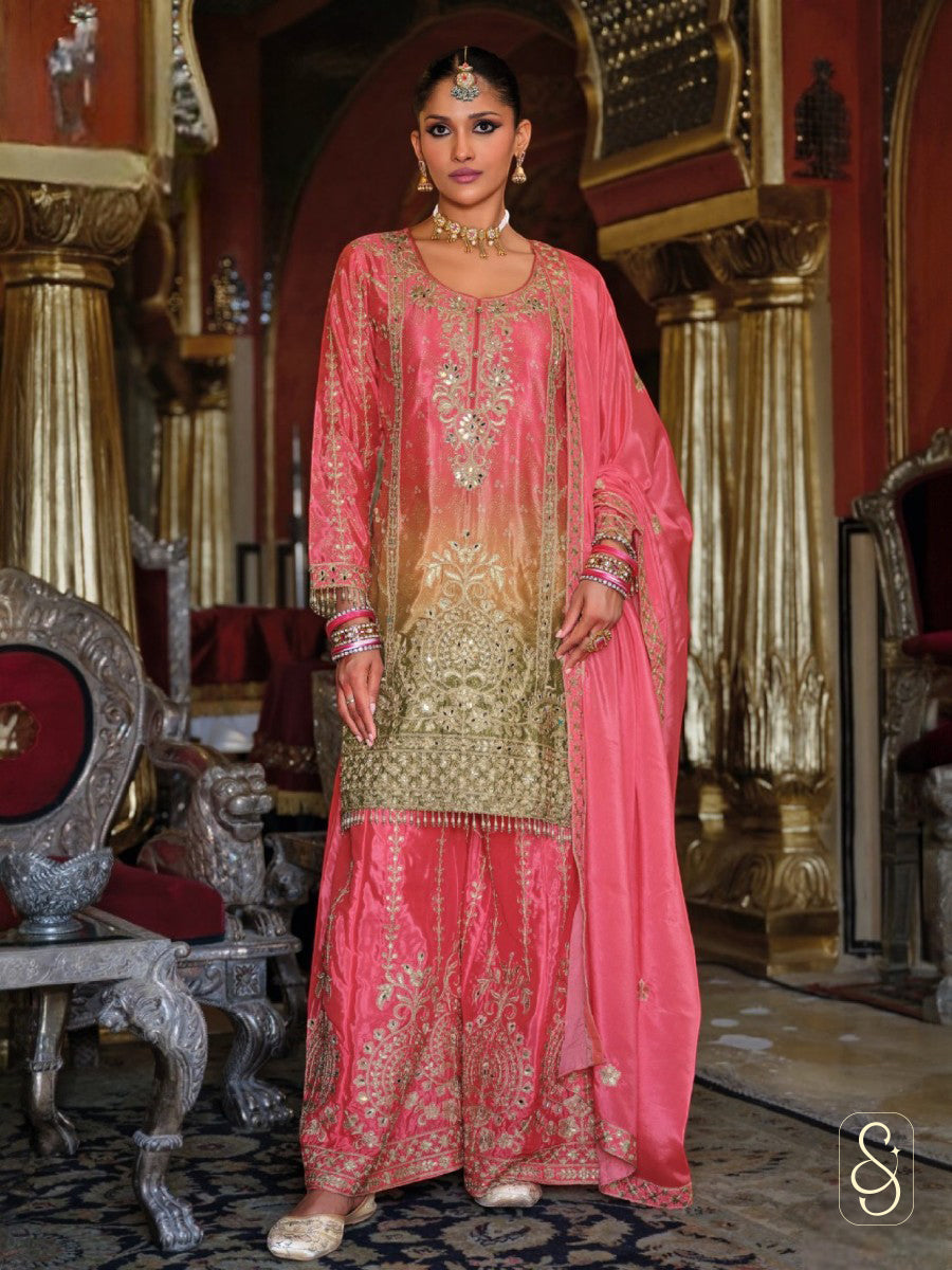 Luxurious Burnt Orange Embroidered Chinon Suit