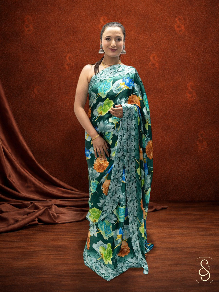 Satin Silk Green Printed Saree