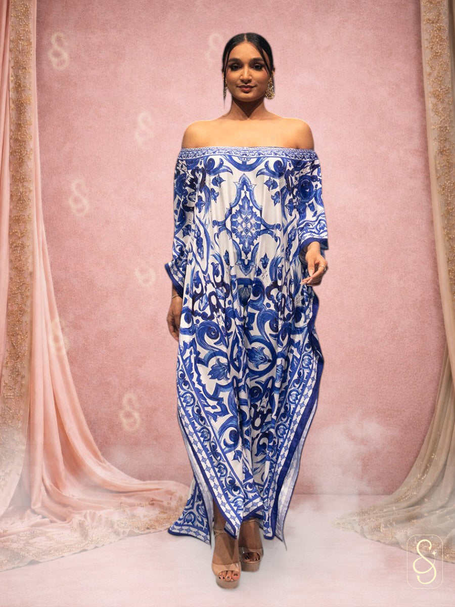 Elegant Blue and White Printed Off-Shoulder Kaftan Dress