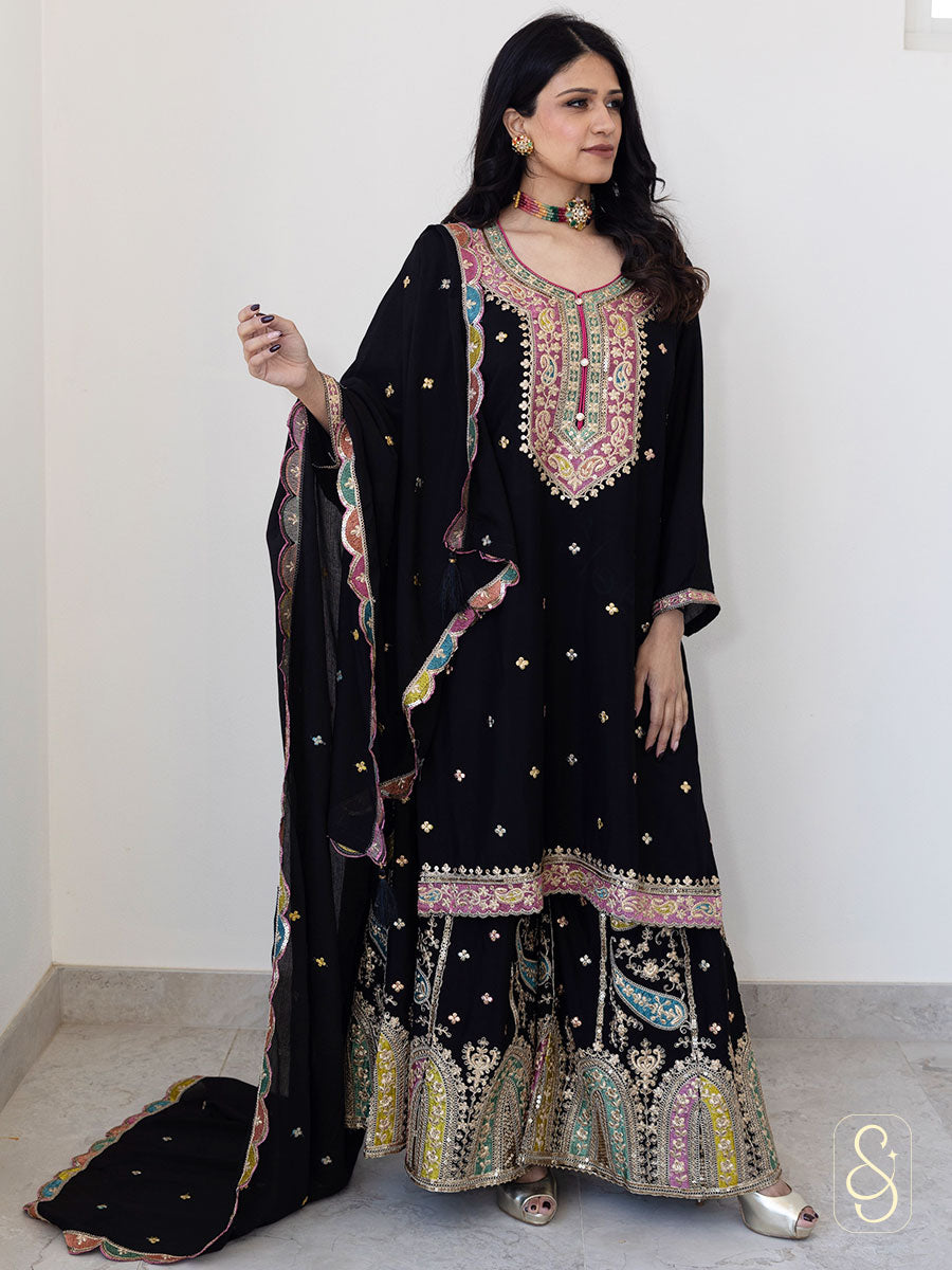 Embroidered Chinon Sharara Set
