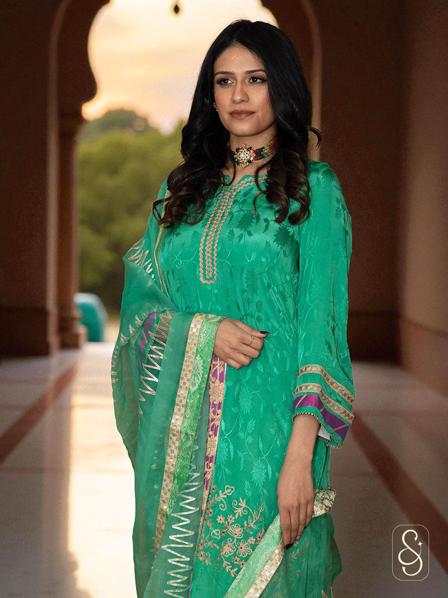 Embroidered Crepe Sharara Suit with Organza Dupatta