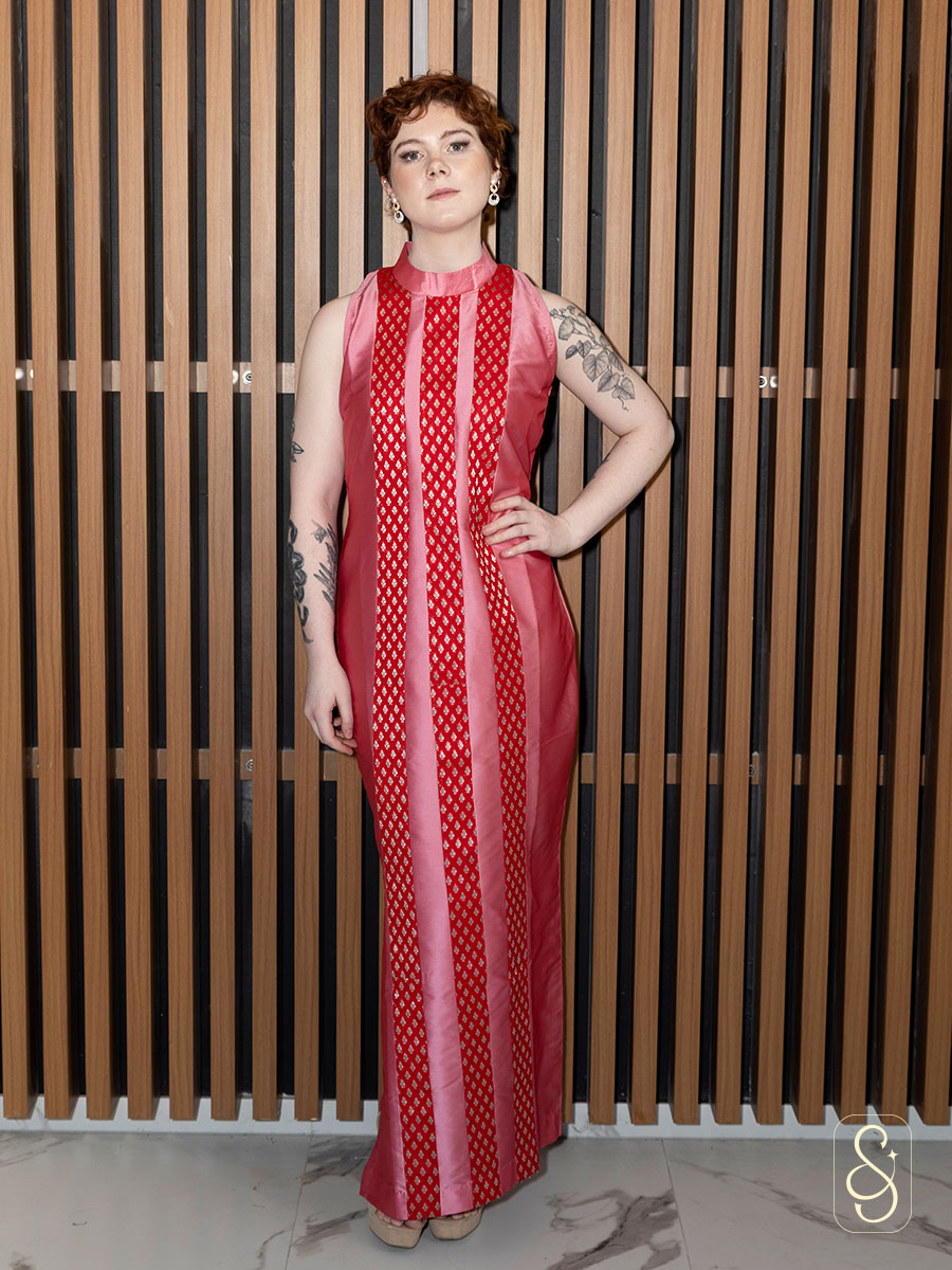 Straight Tomato Pink Dress with Brocade Lines