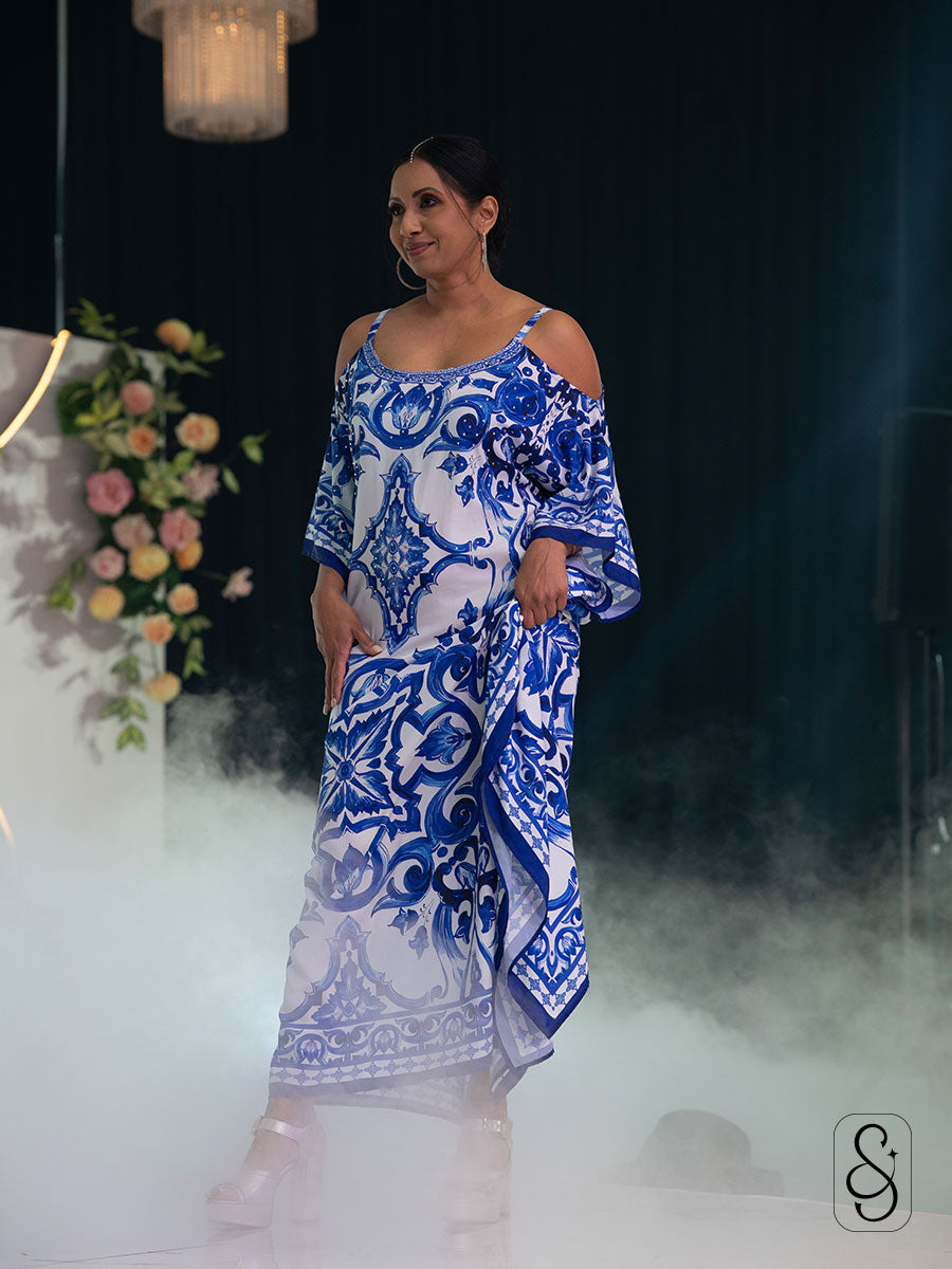 Blue & White Print Cold Shoulder Kaftan