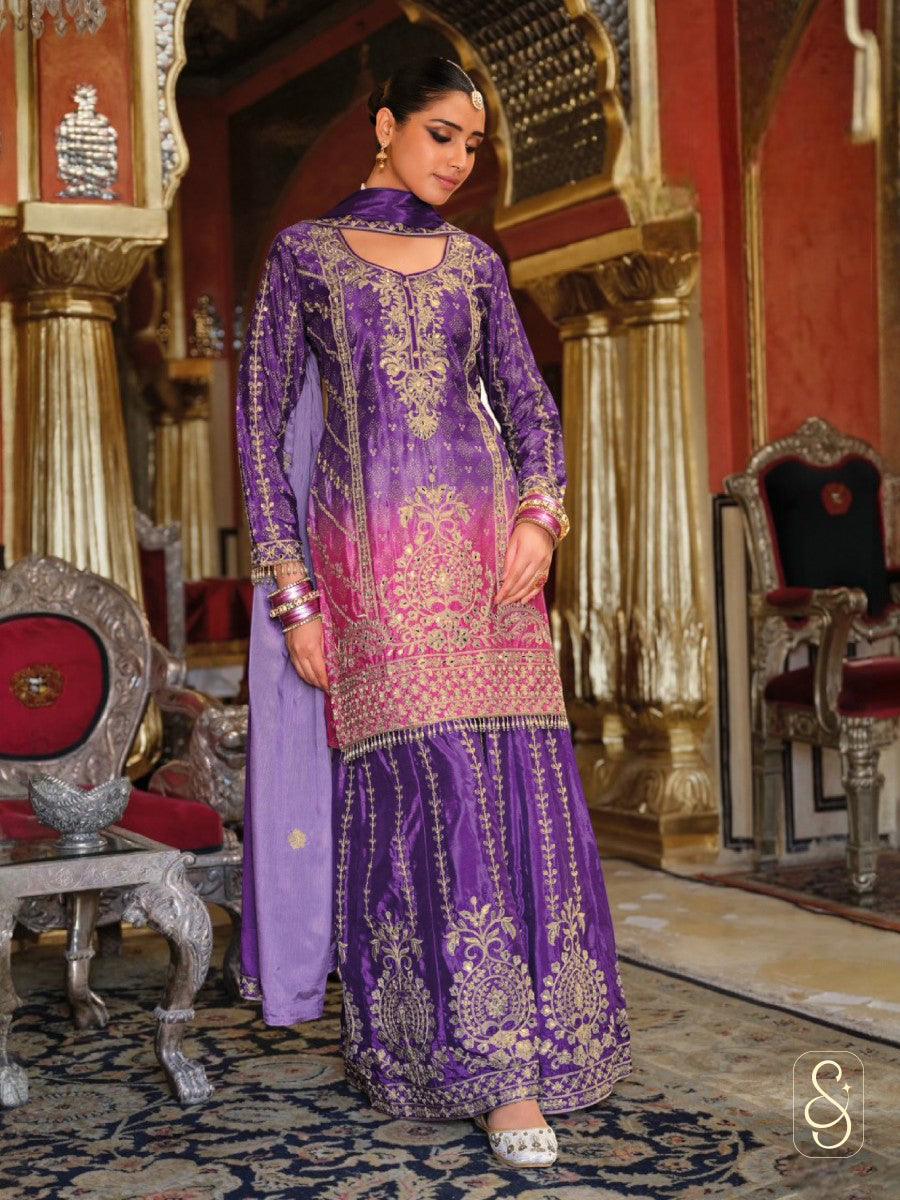 Elegant Purple Chinon Festive Suit