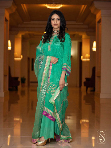 Embroidered Crepe Sharara Suit with Organza Dupatta