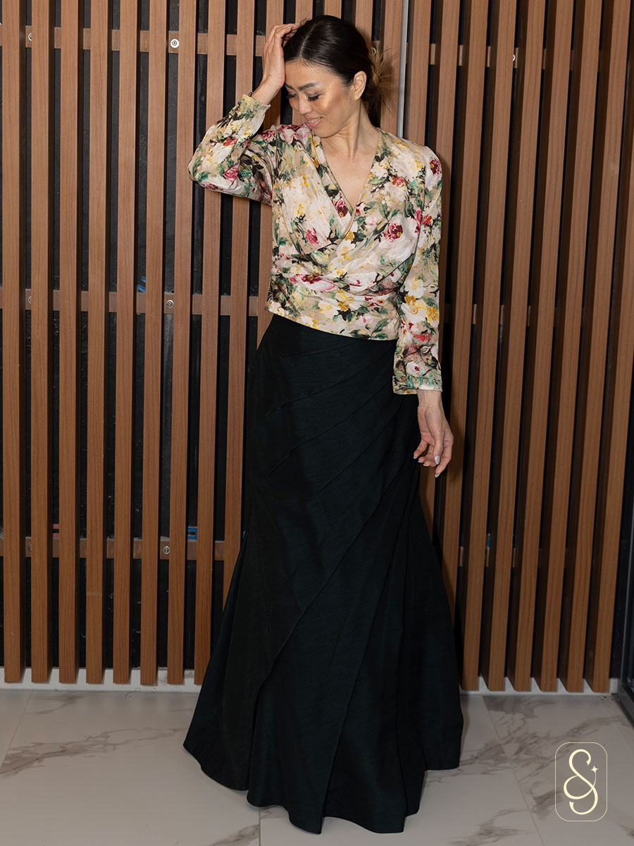 Fish Cut Skirt Printed Top in Raw Silk
