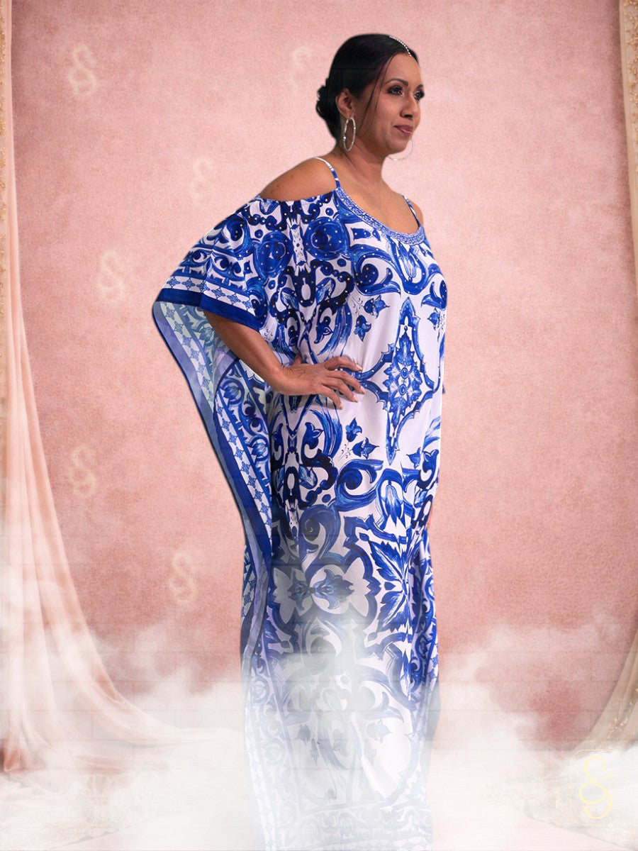 Blue & White Print Cold Shoulder Kaftan
