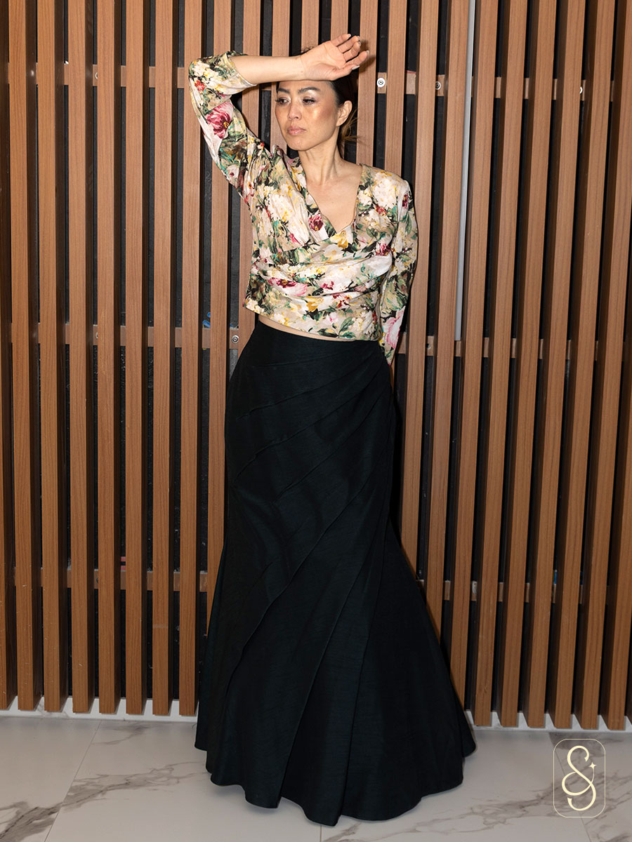 Fish Cut Skirt Printed Top in Raw Silk