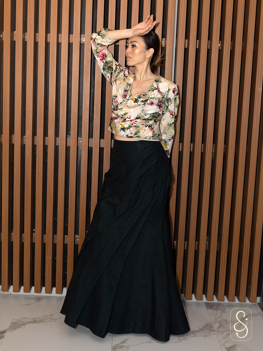 Fish Cut Skirt Printed Top in Raw Silk