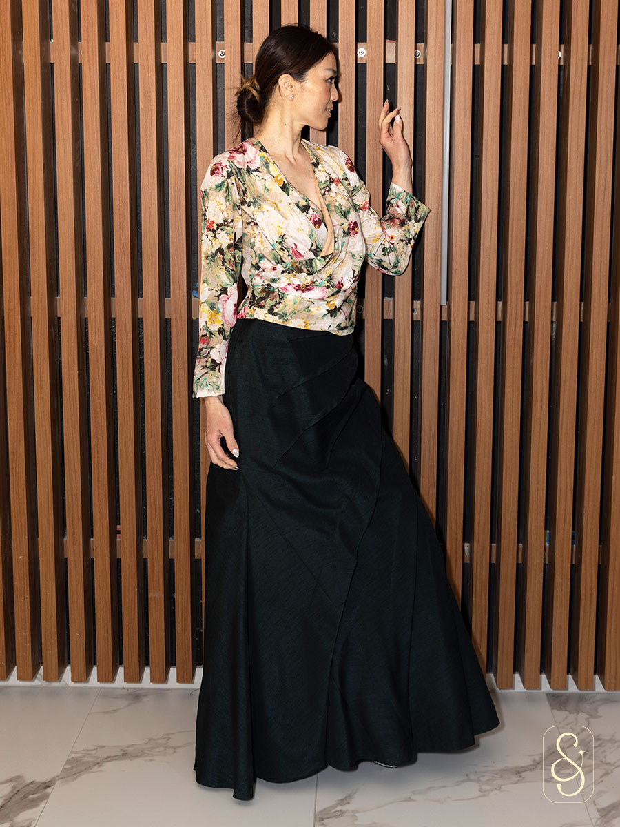 Fish Cut Skirt Printed Top in Raw Silk